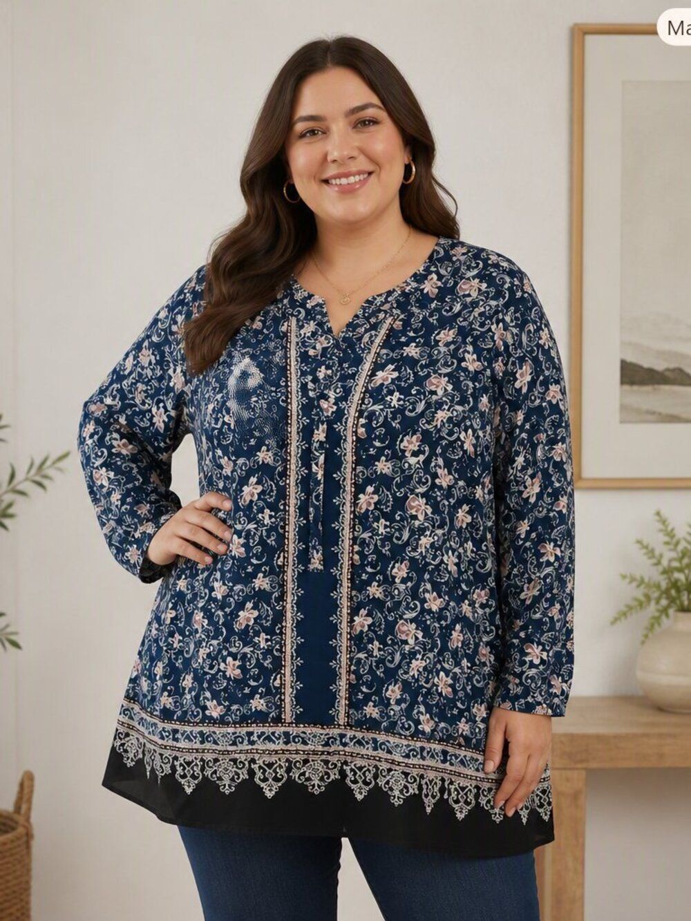 Cato Navy Blue Floral Long-Sleeve V-Neck Tunic with Pink Accents In EUC